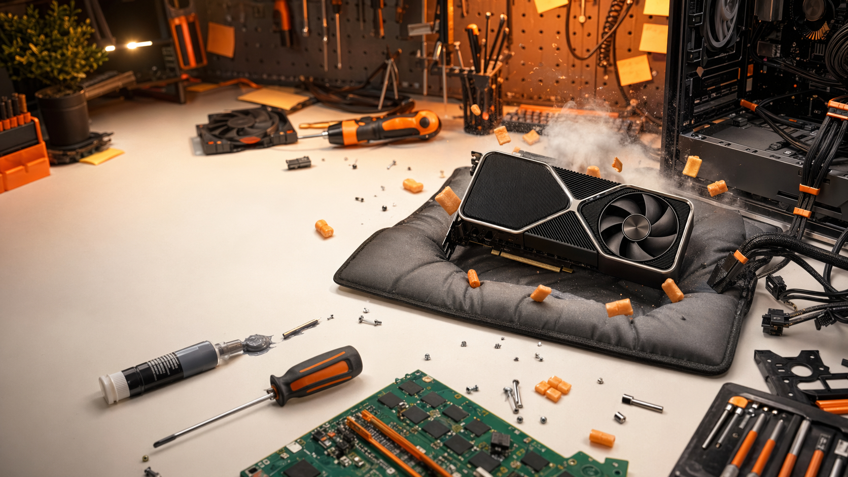A funny orange-lit PC workbench with tangled cables, tools, components, and a dropped gadget on an anti-static mat.